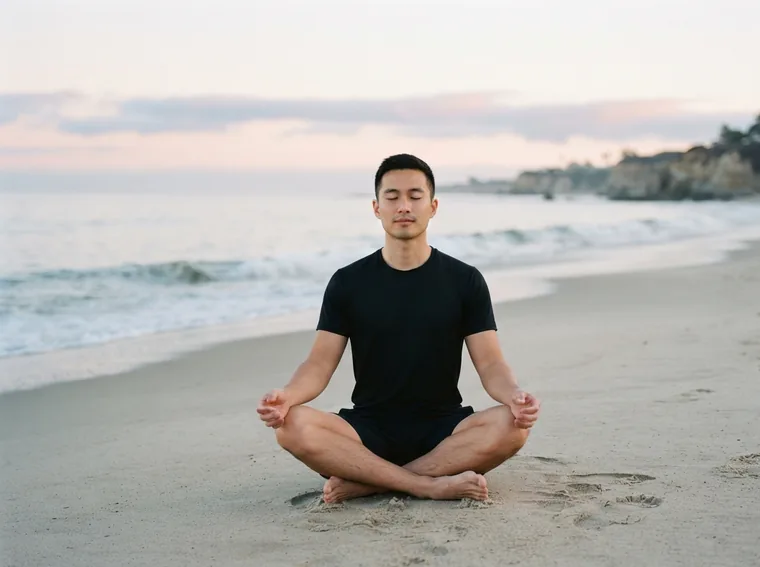 Man meditating on a quiet beach at dawn