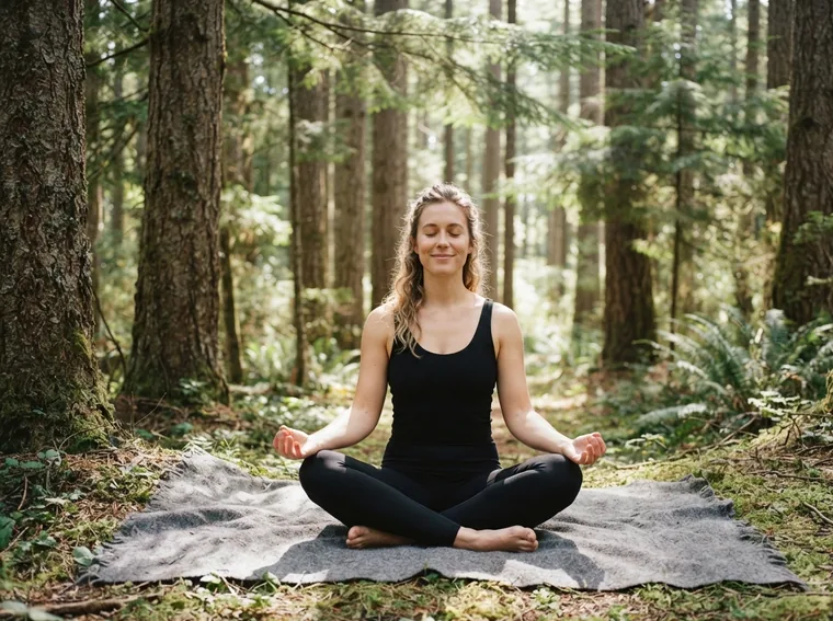 Woman meditating in a pine forest