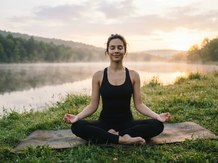 Woman meditating on a mat by a misty lake