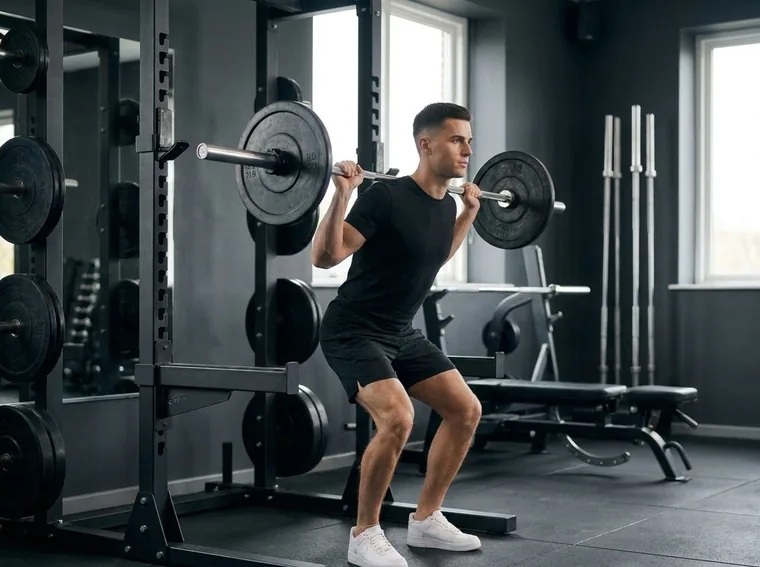 Man doing a barbell back squat in a gym