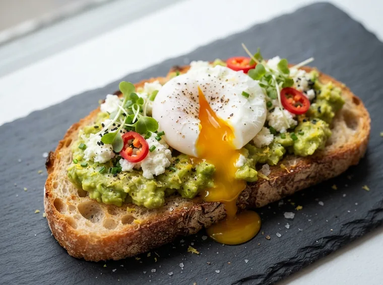 Smashed avocado with feta and a poached egg